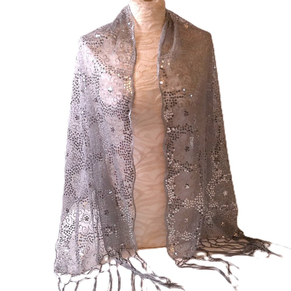 Sequin Shawl Silver Gray NEW Fringed Lace special occasion evening wrap scarf